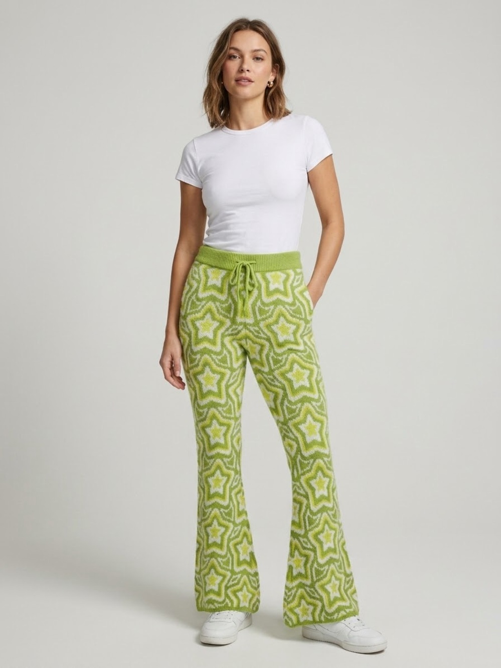 Forever 21 Star Print Sweater Knit Flare Pants Drawstring Waist Bell Bottom